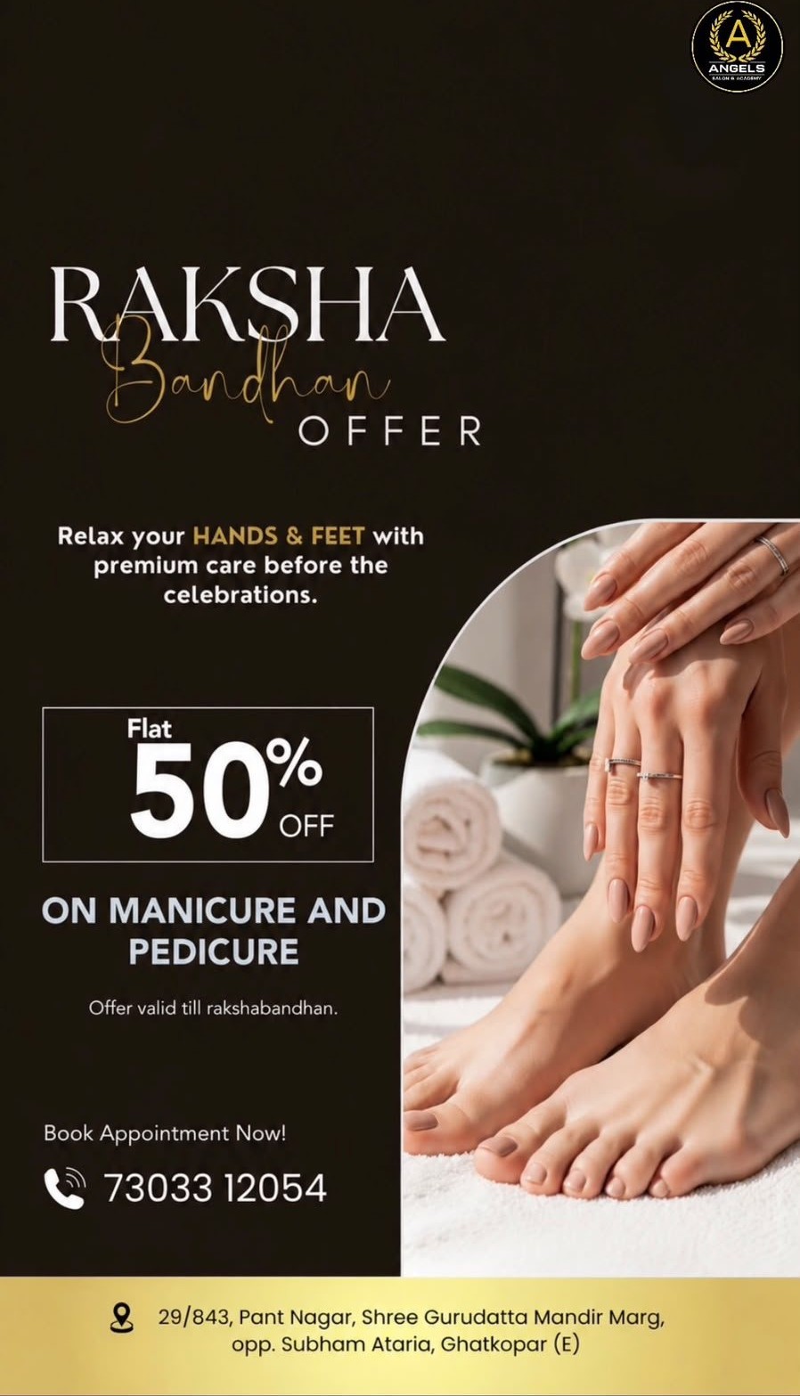 Flat 50% Off Manicure and Pedicure offer poster at Angels Salon