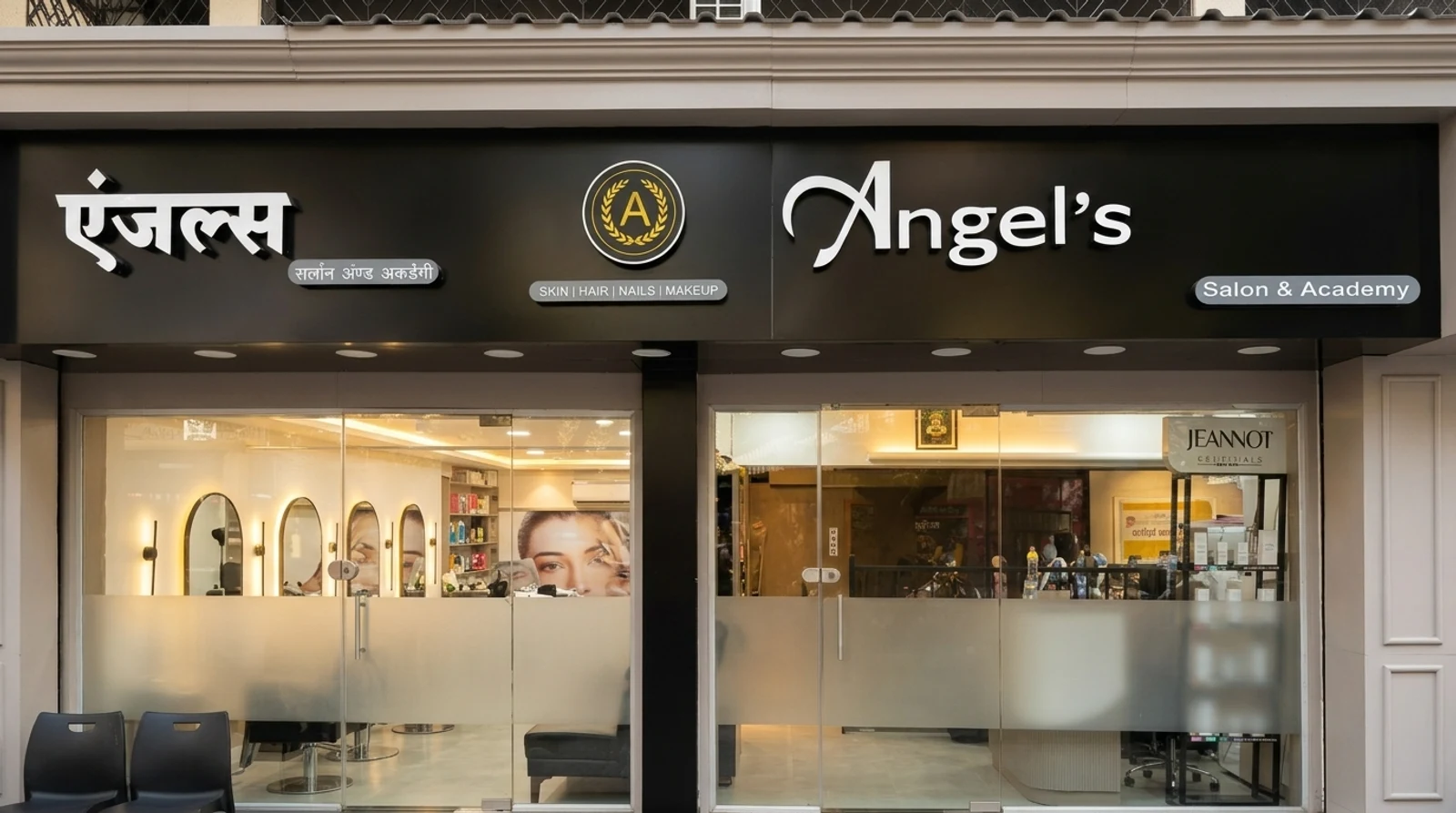 Angels Salon & Academy storefront in Pant Nagar Ghatkopar East with clean glass entrance and illuminated signage